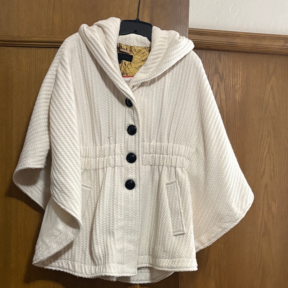 Steve Madden Ivory Hooded Cape with Black Buttons
